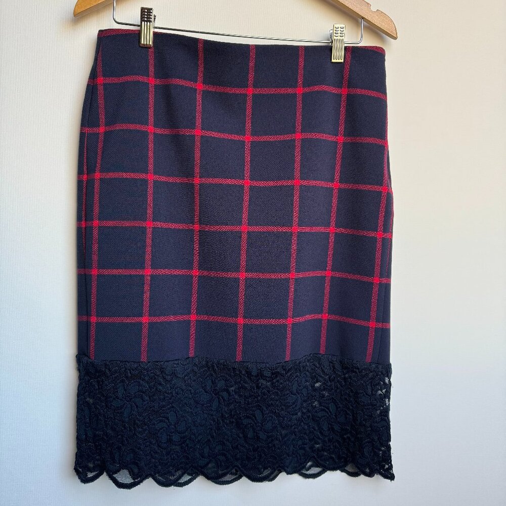 Michael Kors Pencil Skirt Lace Hem Navy Crimson Windowpane Size 8 Office Siren